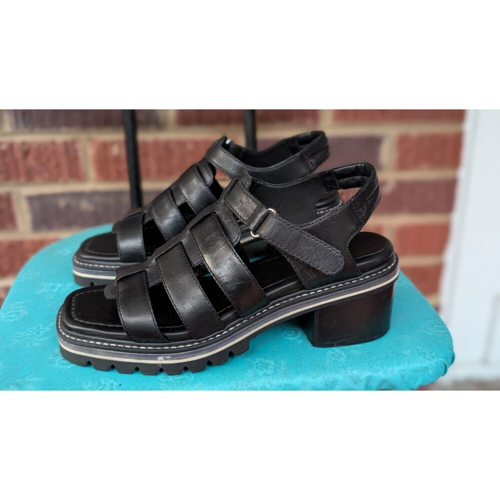 Bernardo Black Leather Fisherman Platform Lug Sole Block Heel Sandals Women’s 9